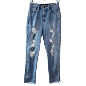 Hollister Juniors Curvy Ultra High Rise Mom Jean Distressed Raw Hem size 7